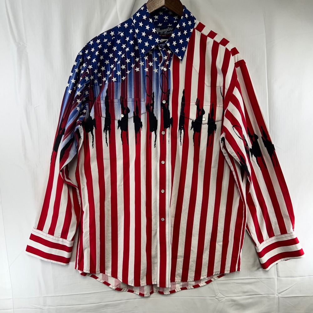 Wrangler Western Shirt Mens Large Red White Blue American Flag Cowboy Snap
